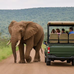 SAFARI VEHICLE DRIVES BY ELEPHANT
